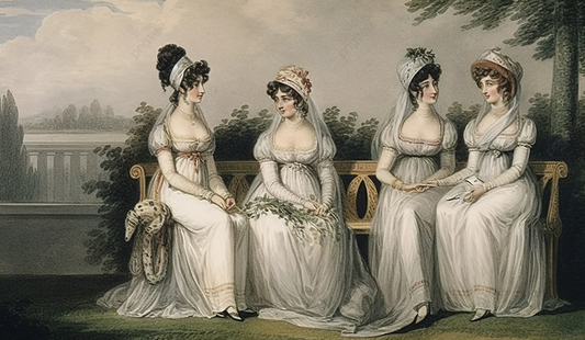 Fashion plate of Regency maidens in the park wearing pearls