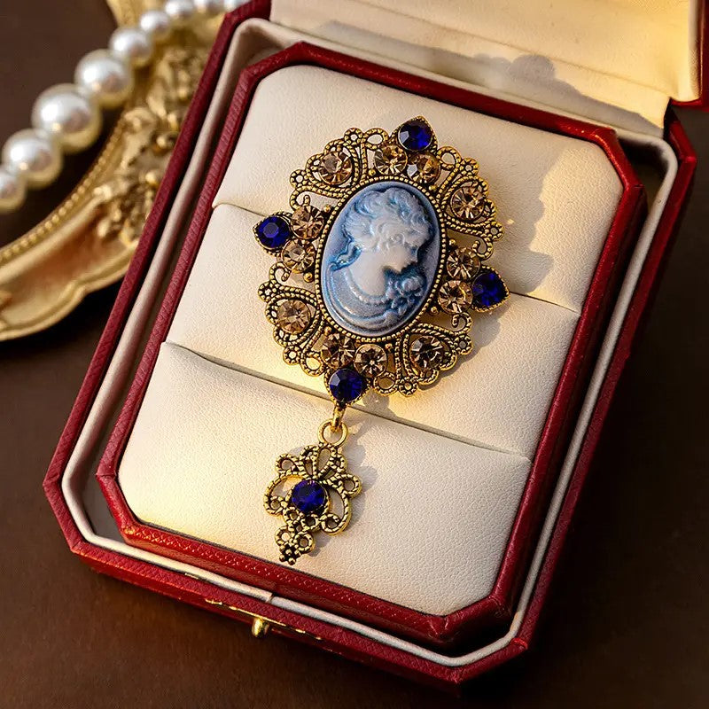 Large Rhinestone and Cameo Brooch: Blue