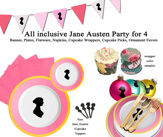 Jane Austen Party Kit for 4: Plates, Banner, Flatware, Favors, Cupcake Wrappers+