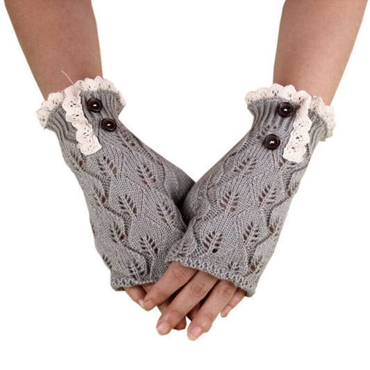 Warm Winter Sweater Cochet Half Mitt Gloves with buttons and lace detail: Gray