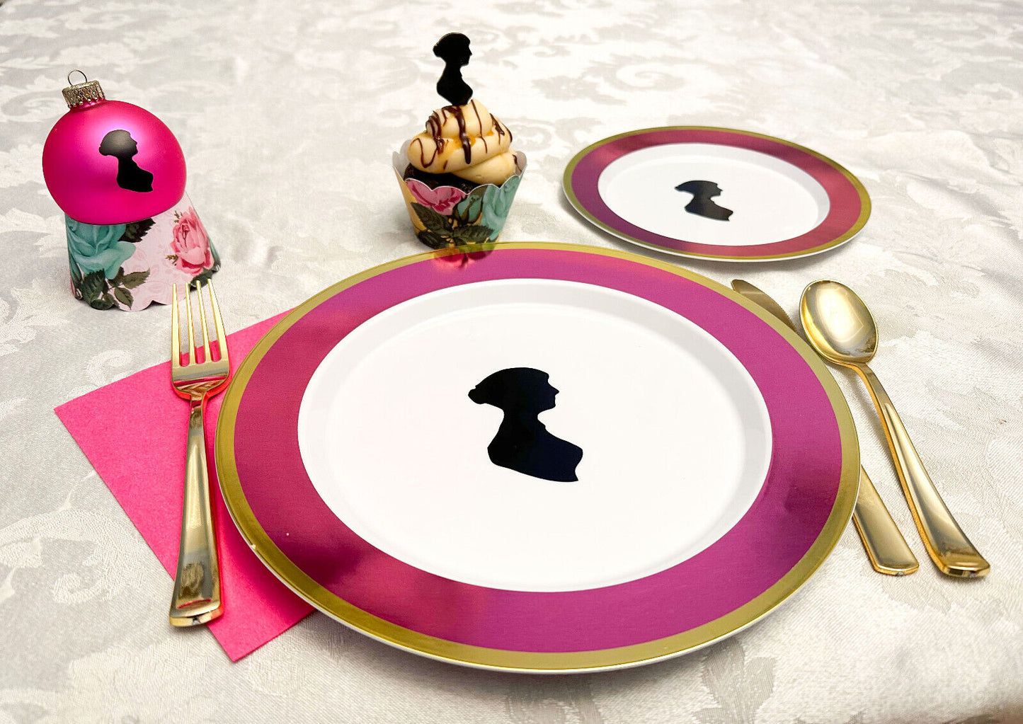 Jane Austen Party Kit for 4: Plates, Banner, Flatware, Favors, Cupcake Wrappers+