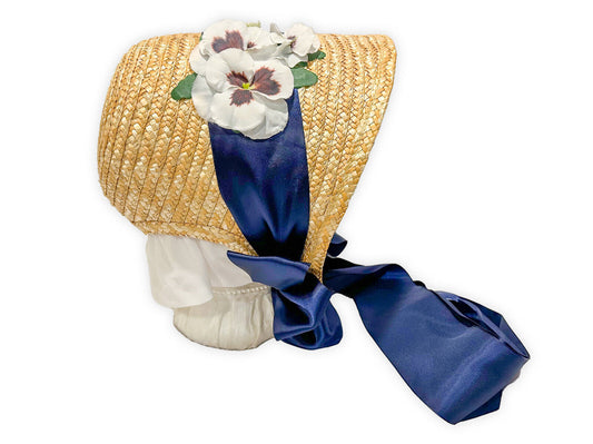 Austentation Civil War style Victorian Spoon Bonnet with Pansies and Blue ribbon