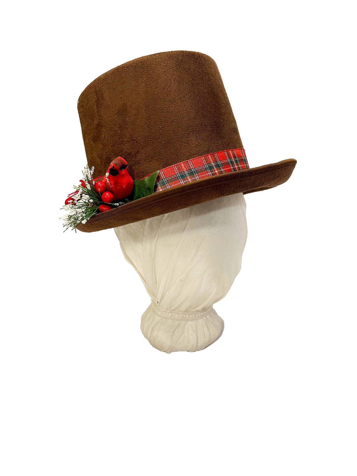 Austentation Regency/Victorian Caroler Top Hat: Brown w/ Plaid Ribbon, Cardinal