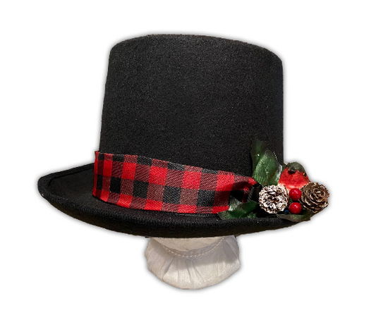 Austentation Regency/Victorian Caroler Top Hat: Black w/ Checked Ribbon, Robin