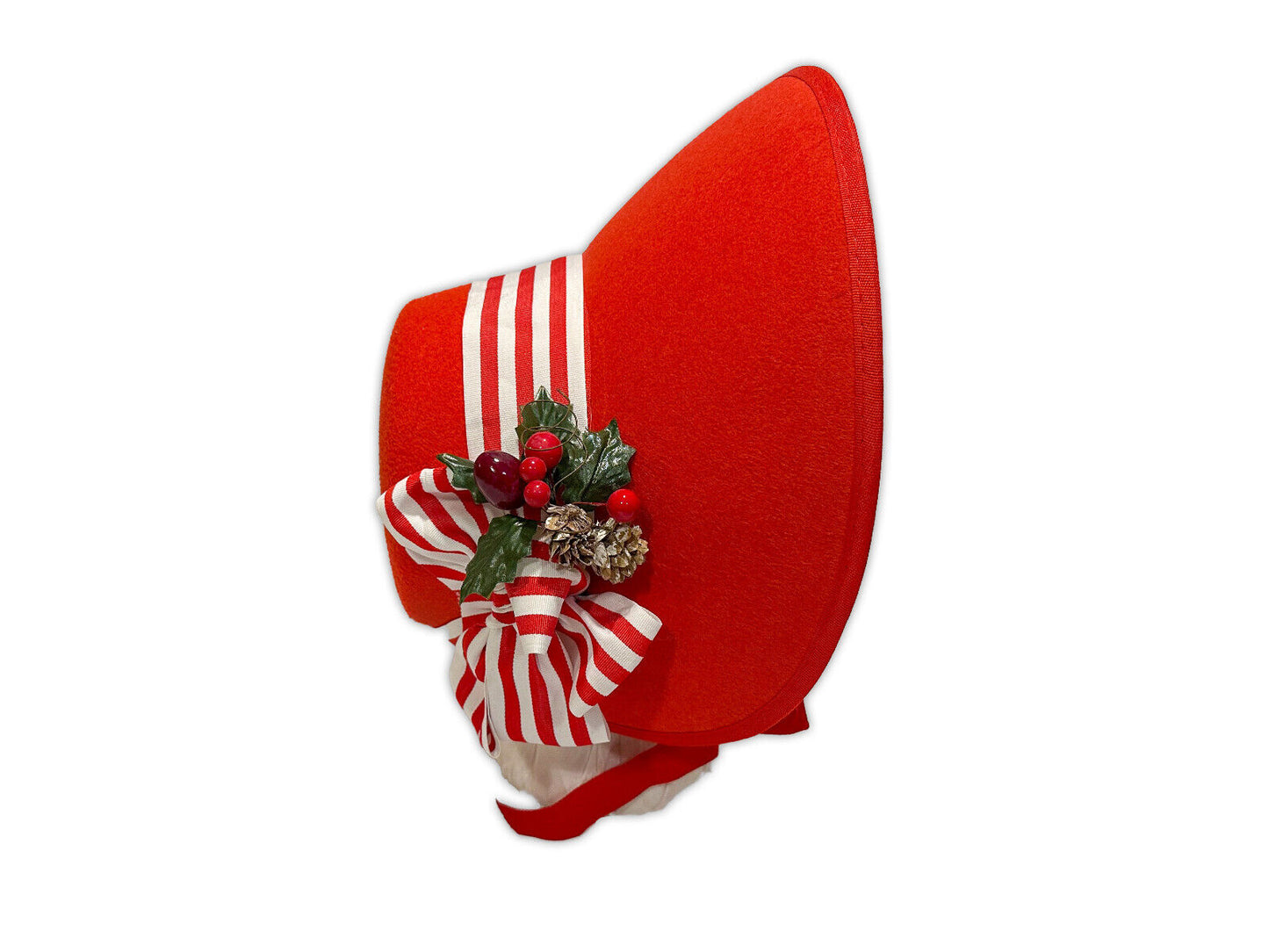 Austentation Regency/Victorian Caroler Style Felt Bonnet Striped Ribbon & Holly