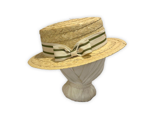 Austentation Trimmed Man's Victorian / Edwardian Straw Boater Hat: Green Stripe