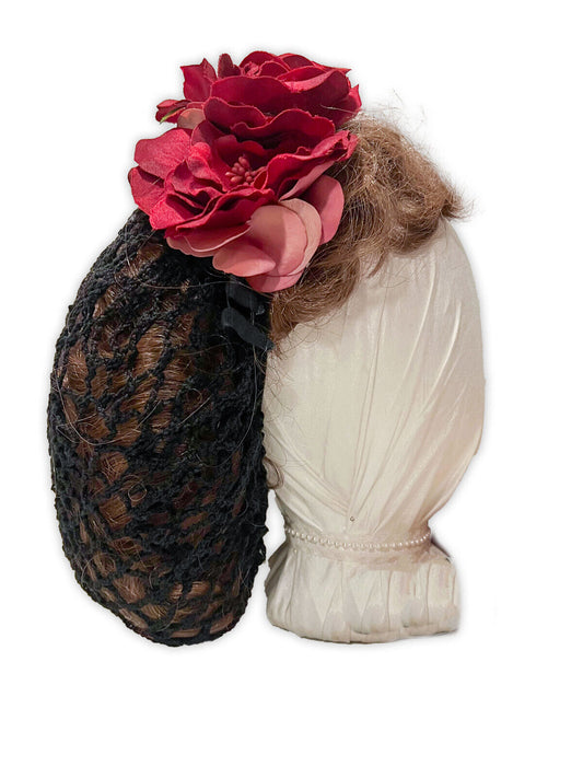Austentation Victorian Civil War Style Snood Hair Net & Floral Headband Red Rose