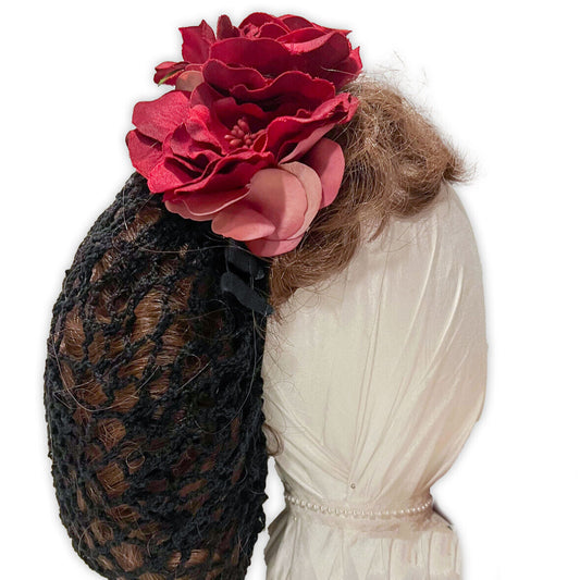 Austentation Victorian Civil War Style Snood Hair Net & Floral Headband Red Rose