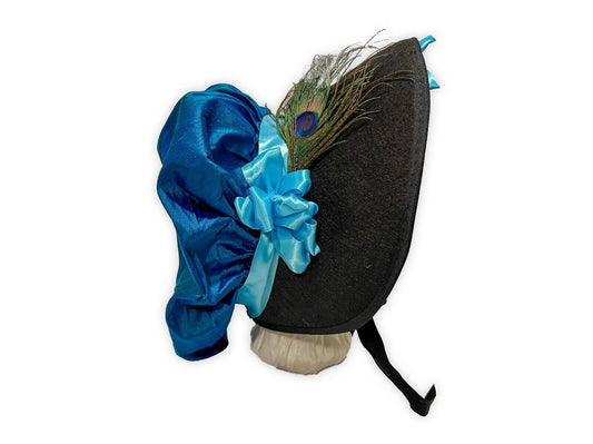 Austentation Regency Victorian Felt Caroler Bonnet Teal Silk w/ Peacock Feathers