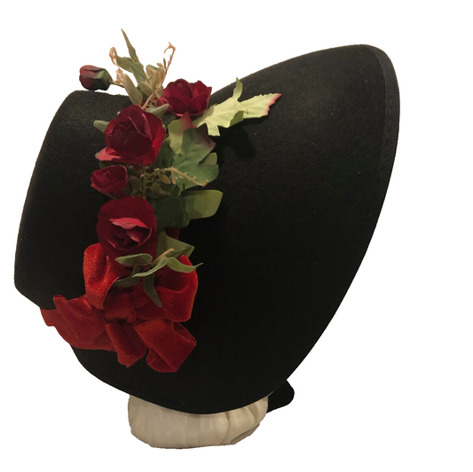 Austentation Regency Victorian Caroler Felt Bonnet Black, Red Velvet & Roses