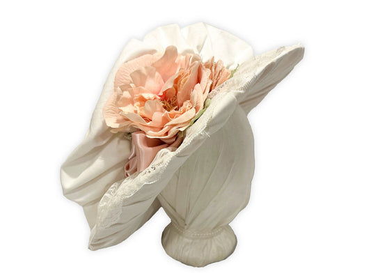 Austentation  Late Victorian / Edwardian Pink and White Tea Hat: Roses and vintage  Lace