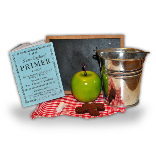 Pioneer School Pain Lunch set for 18" Doll: Primer, Slate, Apple, Cookie, Pail