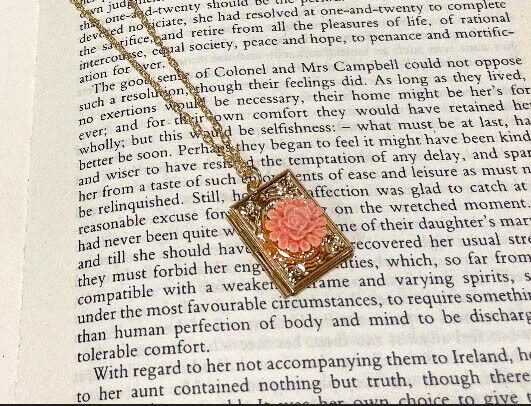 Austentation Reader Writer Jewelry: Gold Tone Book Locket Necklace w/ Pink Rose