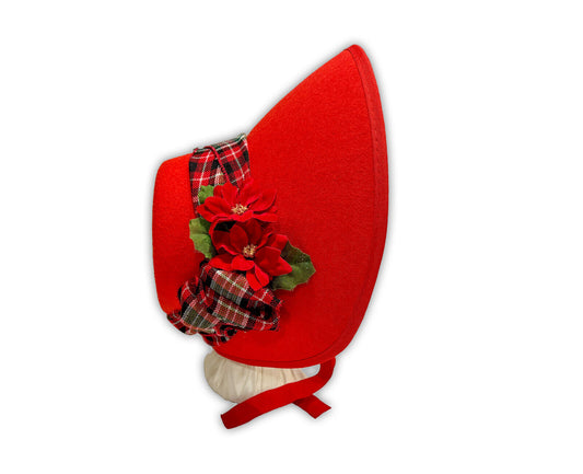Austentation Regency Victorian Caroler Style Red Felt Bonnet Plaid & Poinsettia