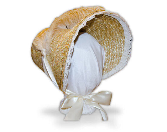 Austentation Regency Style Poke Bonnet with Ivory ribbons, lace and feathers