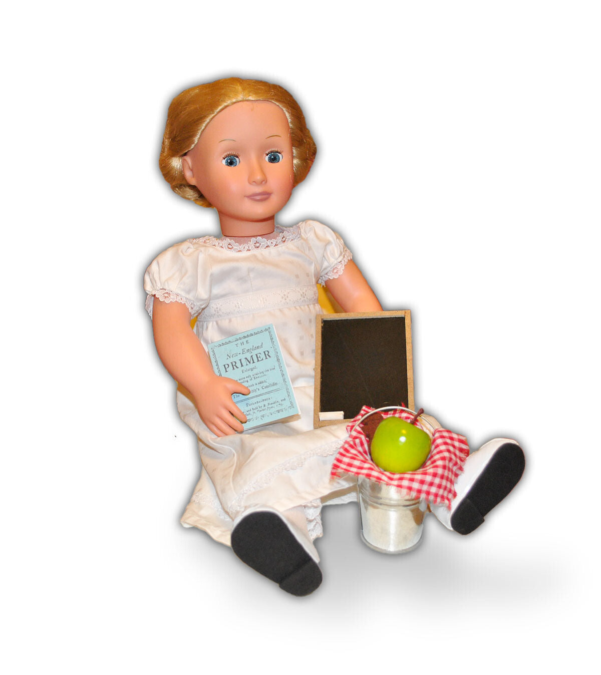 Pioneer School Pain Lunch set for 18" Doll: Primer, Slate, Apple, Cookie, Pail
