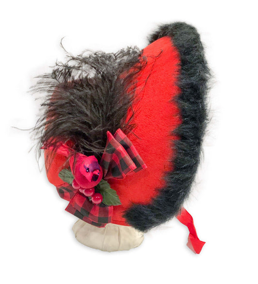 Austentation Regency Victorian Red Felt Caroler Bonnet: Fur trim, feathers, Bird