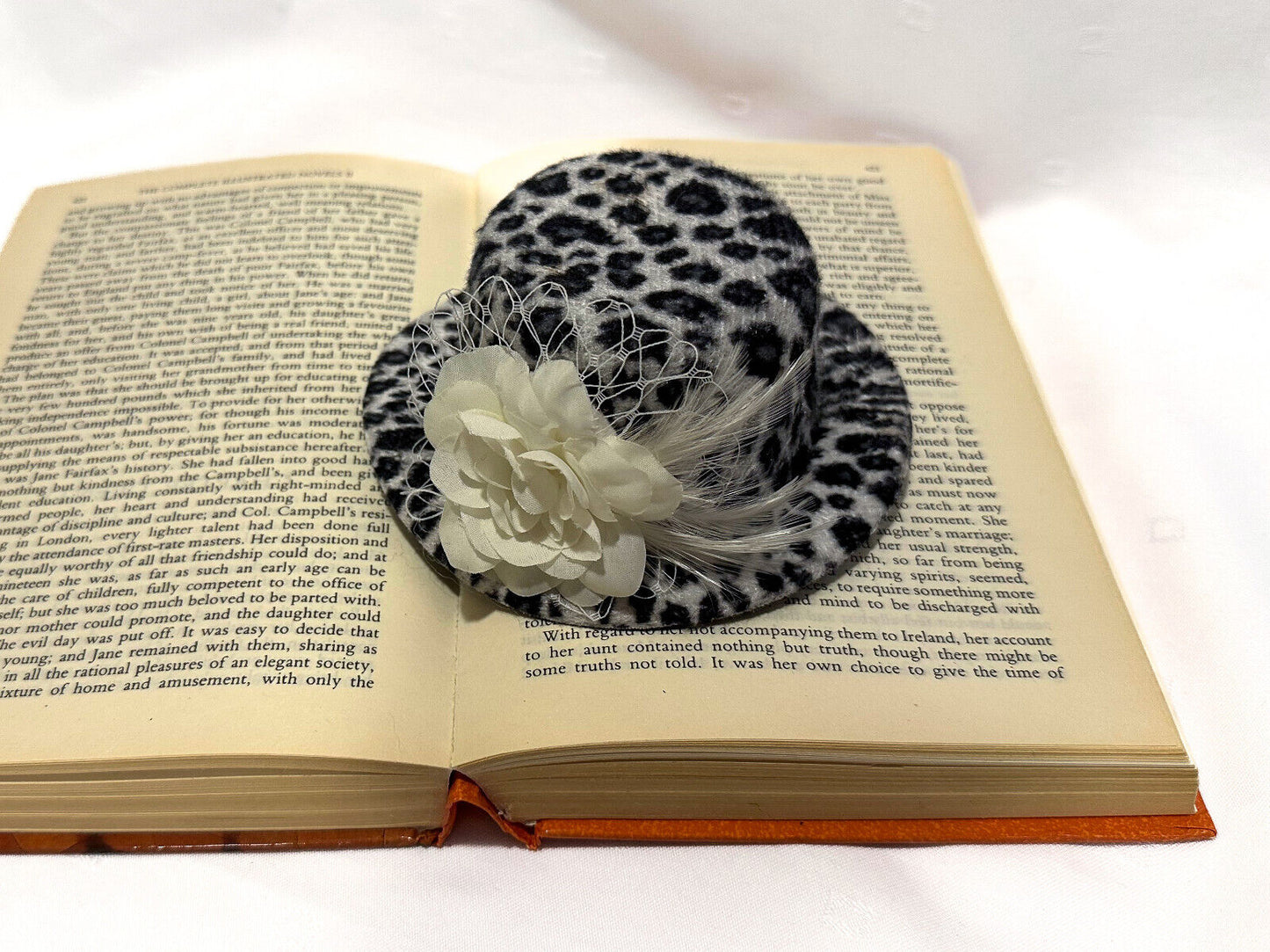 Austentation Victorian Steampunk Mini Top hat fascinator White Velvet Leopard