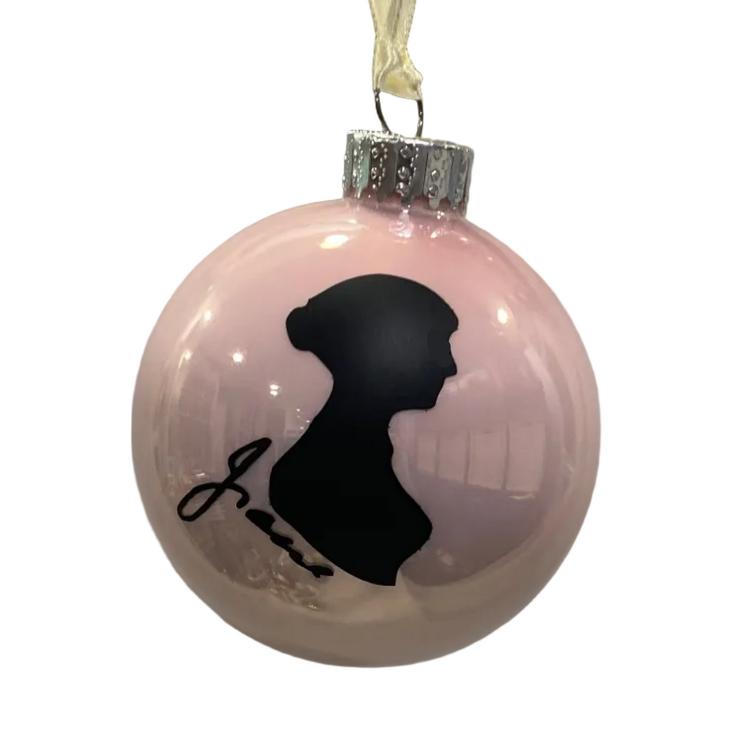 Pink glass ornament with jane Austen's silhouette and signature in black