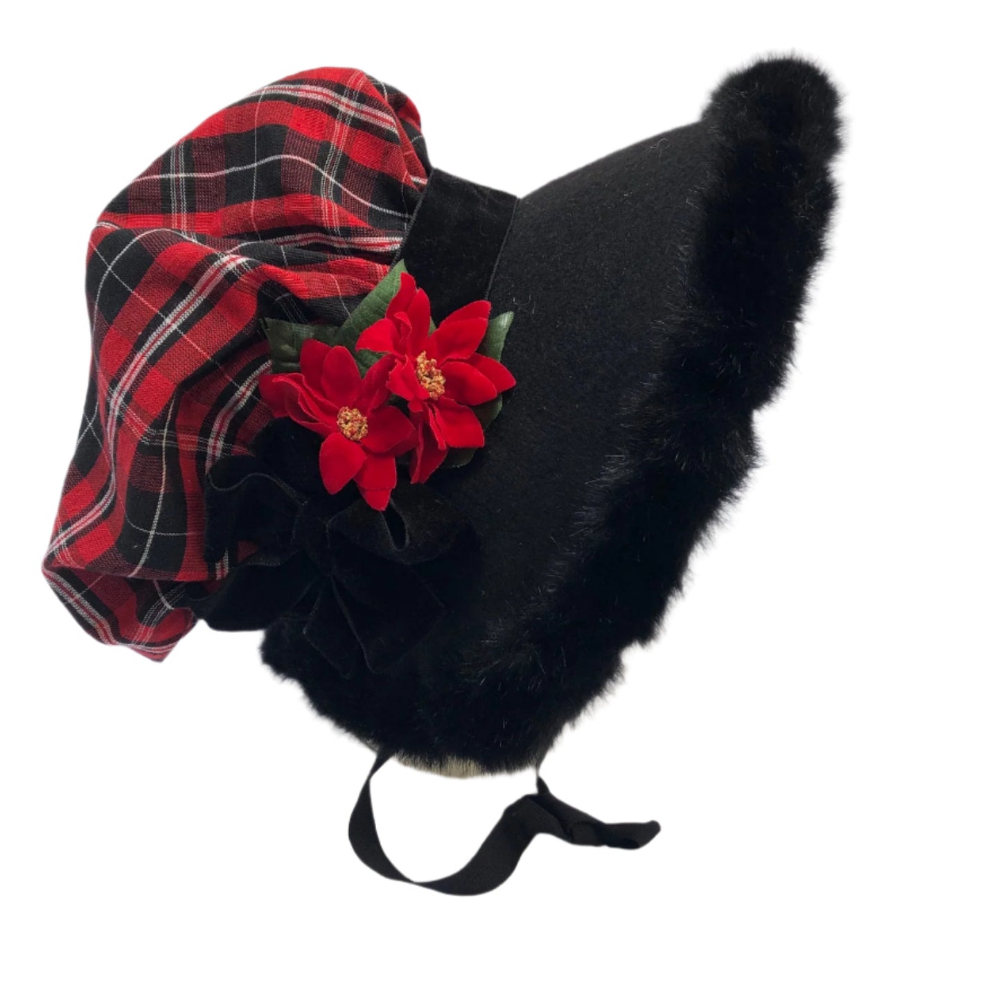 Victorian style felt caroler bonnet with red and black plaid trim, black velvet ribbon, fur trim and velvet poinsettias