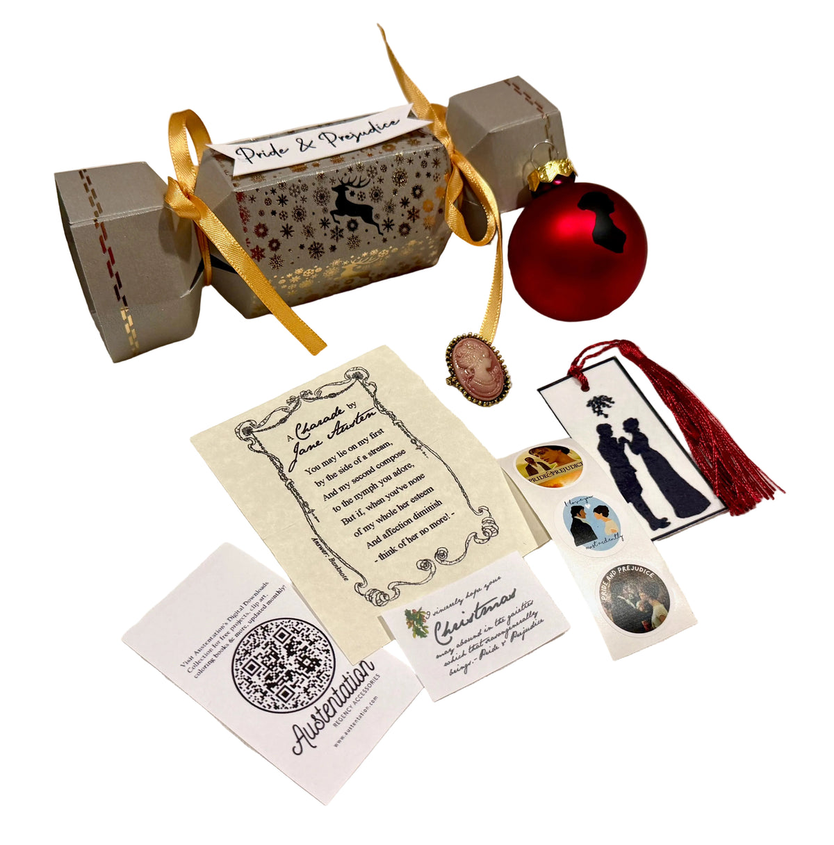 Jane Austen's Pride and Prejudice themed christmas cracker party favor.