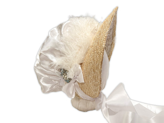Lucy 3-in-1 bonnet with lace, ribbons and satin, plus removeable turban