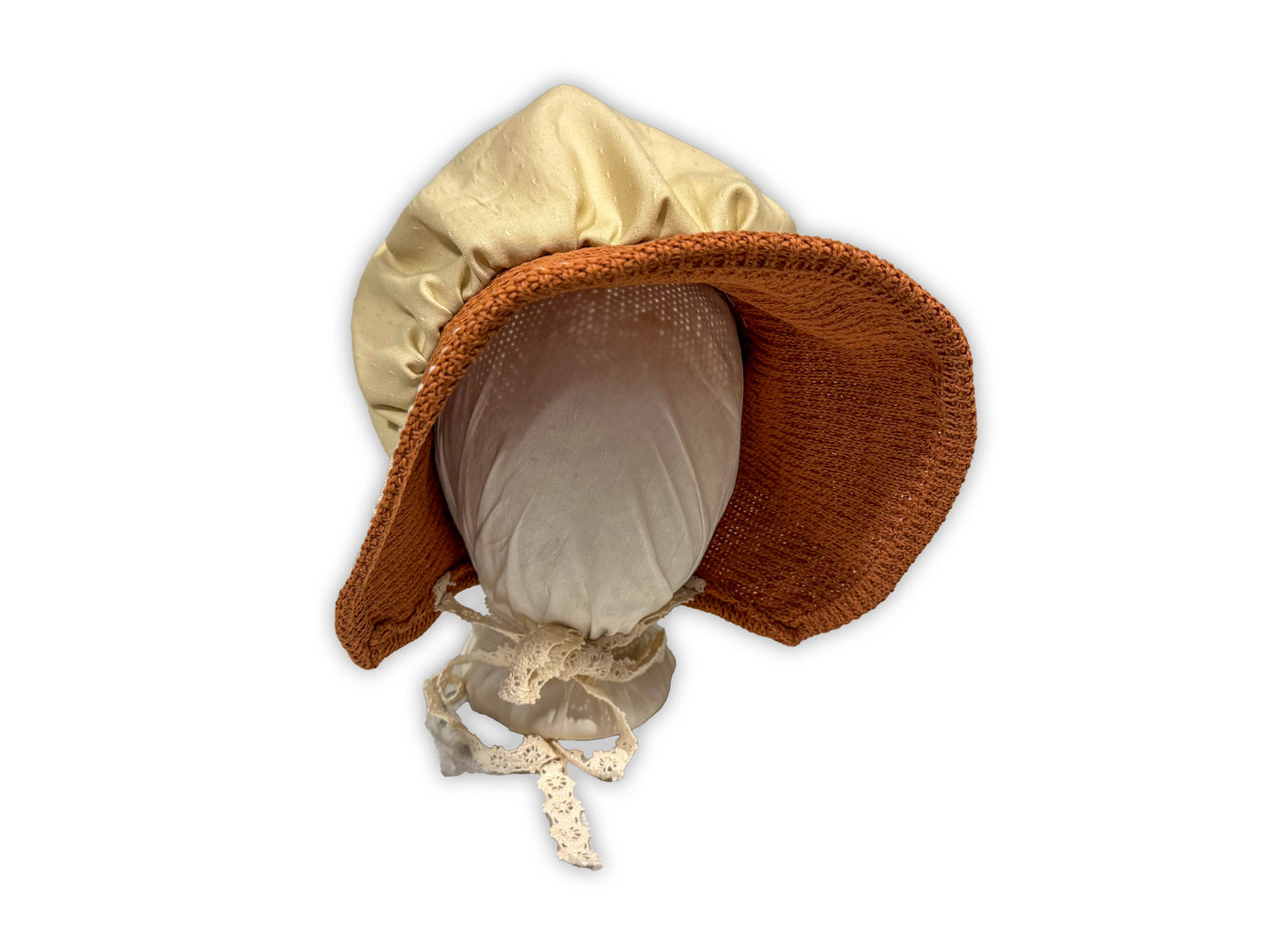 Crocheted Winter Bonnet with Ivory Lace