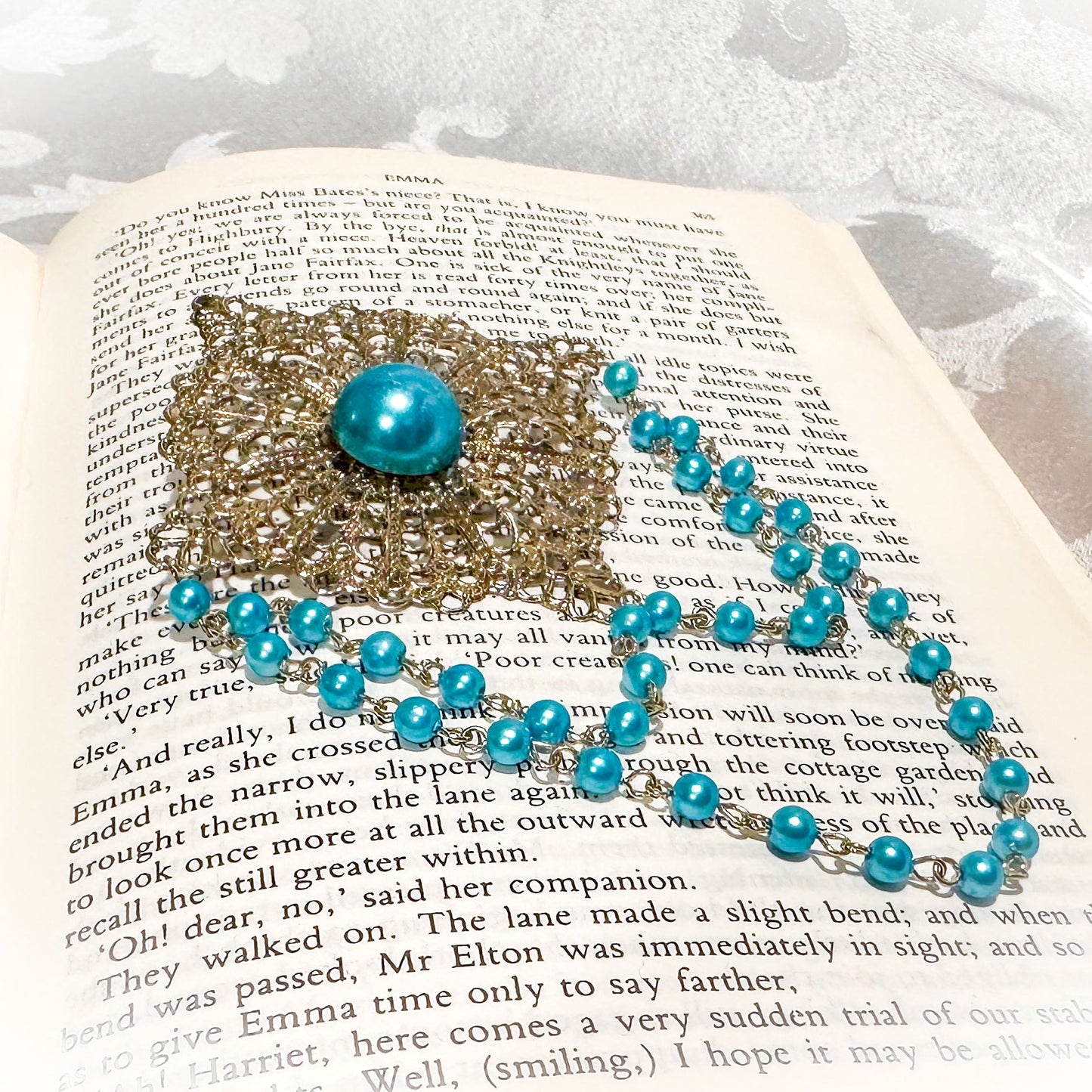 large vintage beaded brooch with aqua blue pearl beads