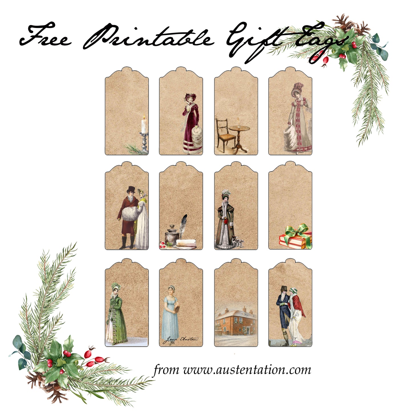 free downloadable Jane Austen themed holiday christmas gift tags