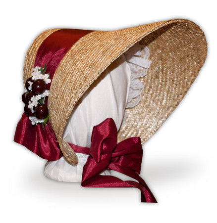Victorian Civil War Style Straw Spoon Bonnet: Red with Cherries and Lace