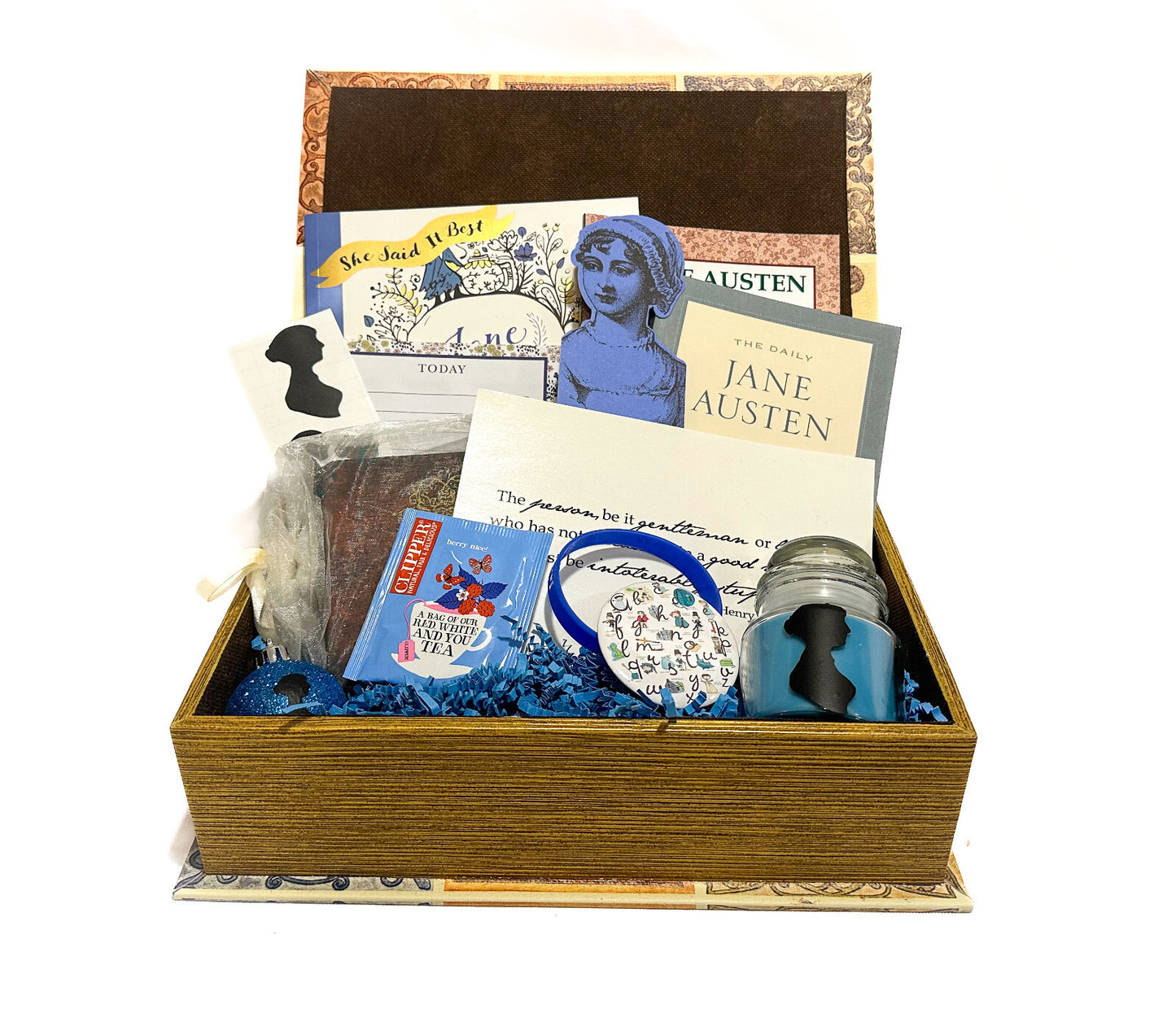 jane austen's regency novel themed gift box with candle, book, bookmark, ornament, coloring book and more-- blue themed by Austentation