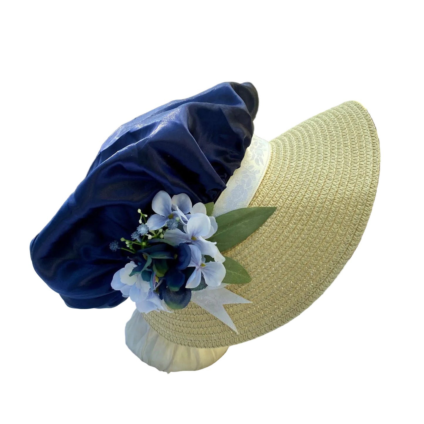 One of a kind blue satin Regency style bonnet features white and blue trim for a fun seaside look.