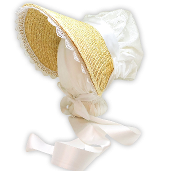 Isabella: Regency Poke Bonnet with ribbons, fabric and lace
