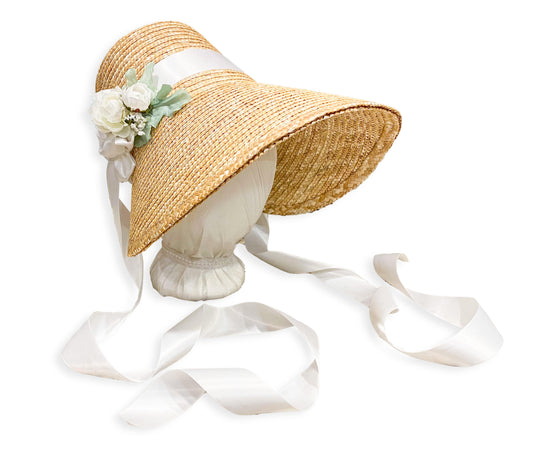 Austentation Regency Custom Straw Poke Bonnet with White Flowers and Ribbons Choose Your Color 