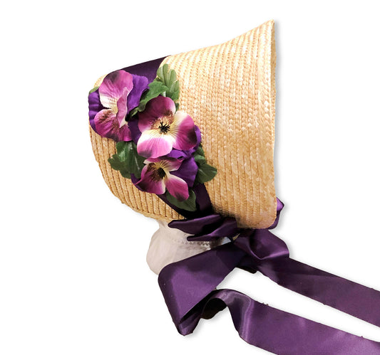 Victorian Regency Cottage Bonnet with purple pansies and ribbons choose your color