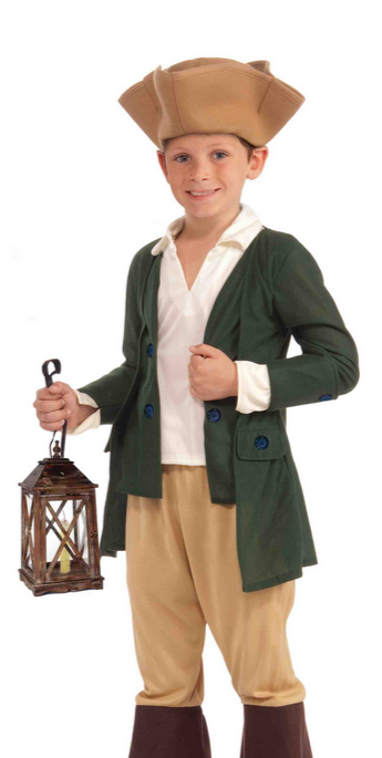 Colonial/Georgian Paul Revere costume for boy: hat, boots, jacket and more from Austentation.