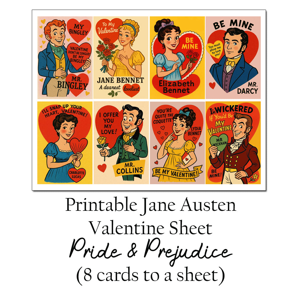 Pride and Prejudice themed Jane Austen inspired download and print valentine cards