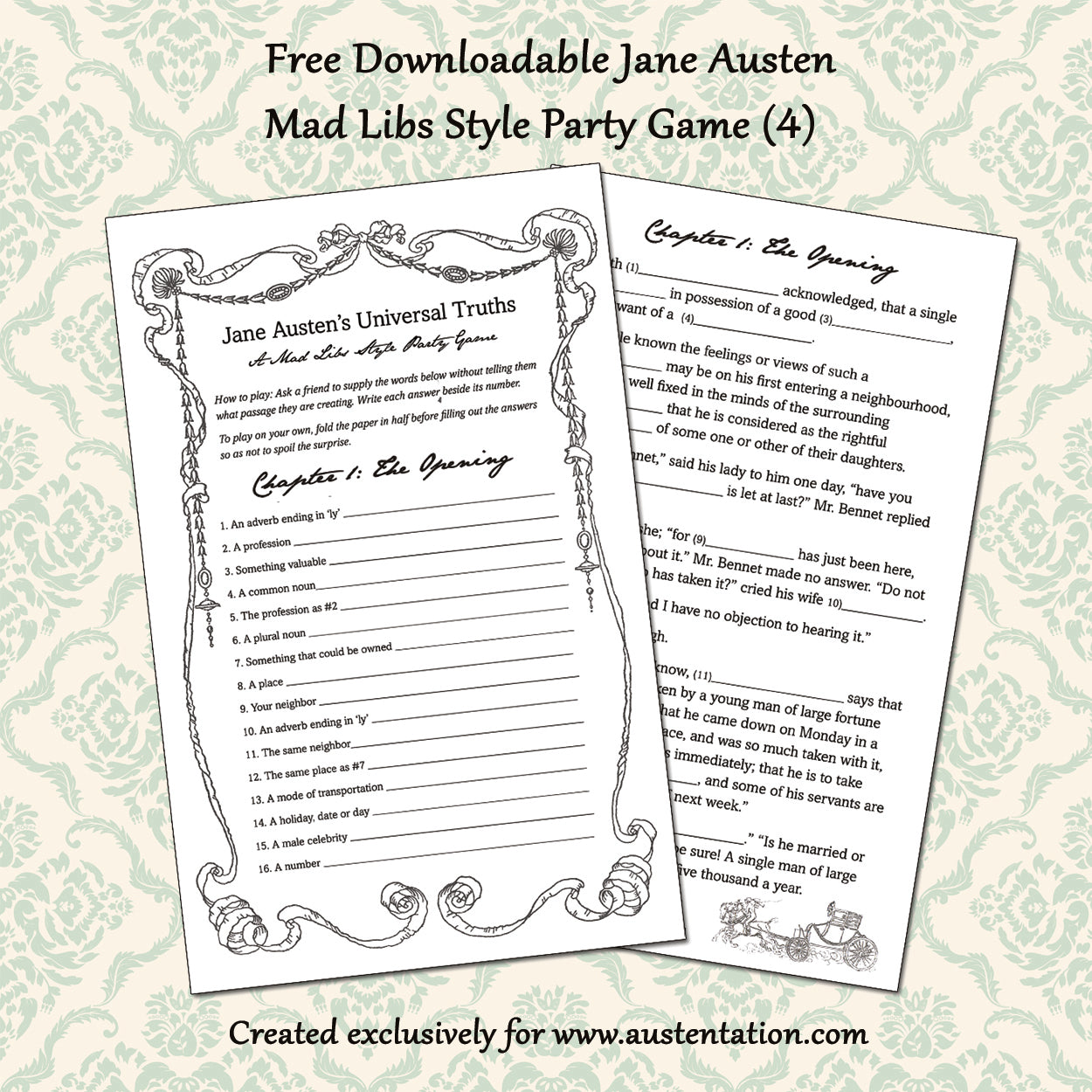 Free Downloadable Mad Libs Game: Pride & Prejudice