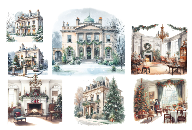 Jane Austen Regency Pride and Prejudice Pemberly Christmas 18 Instantly Downloadable Watercolor PNG Clip Art Images