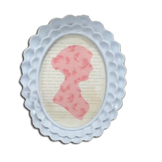 Framed Jane Austen Silhouette with Persuasion text background- pink and white