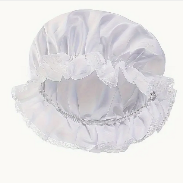 white fabric mob cap with lace edge