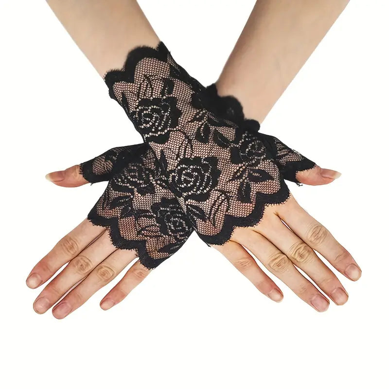 black lace fingerless gloves mitts