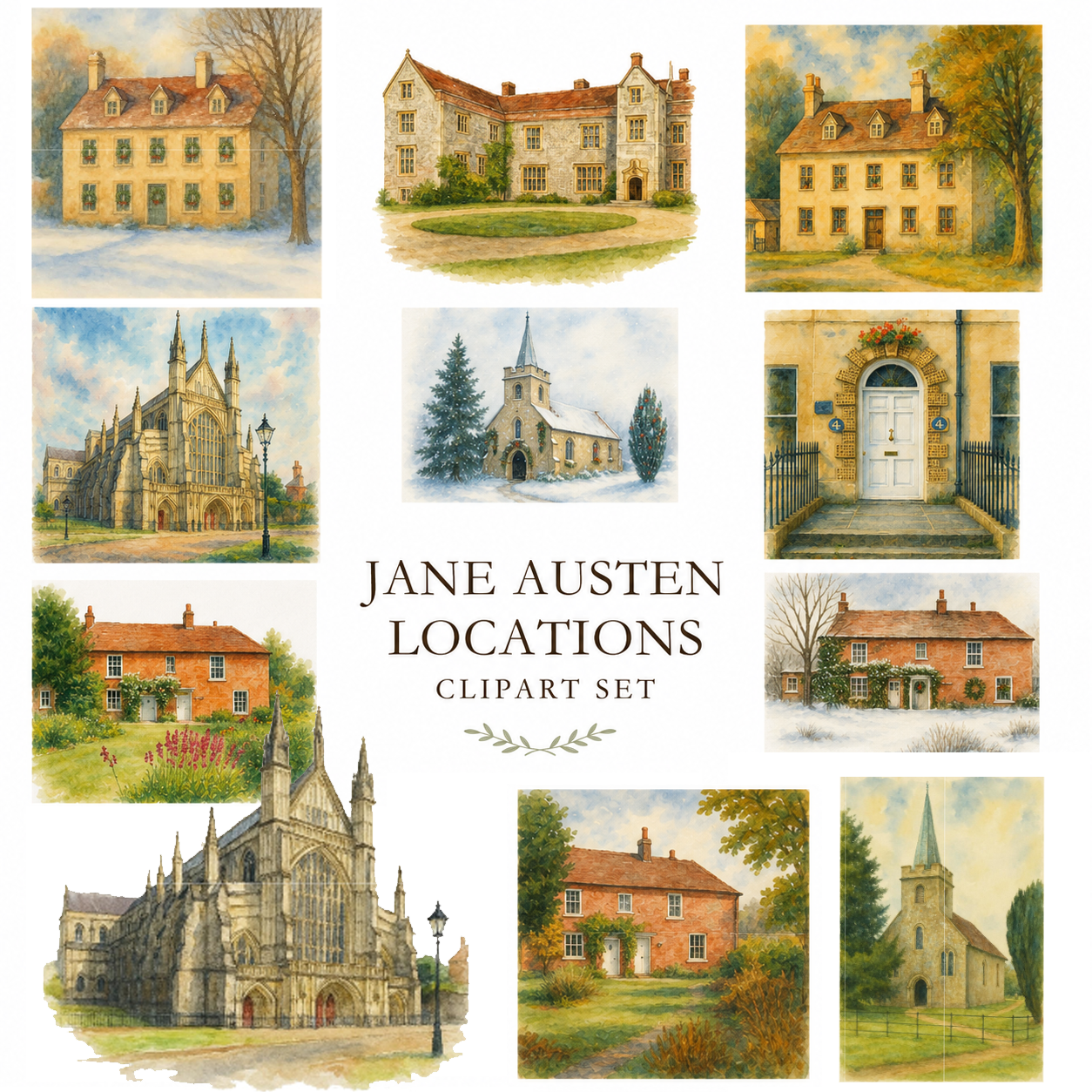 Jane Austen Places 13 Instantly Downloadable Watercolor Clip Art Images