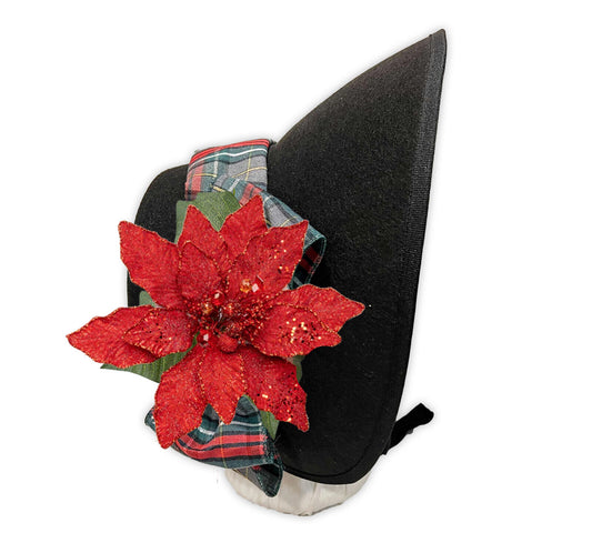 Austentation Victorian Caroler bonnet w/ Plaid Ribbon and Glittering Poinsettia