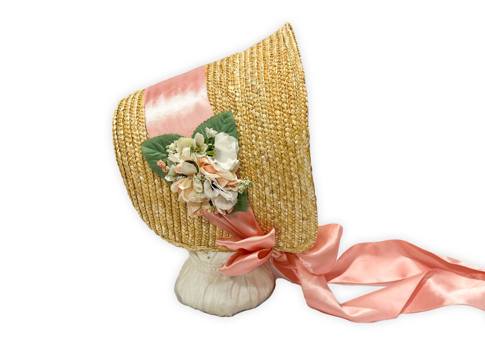 Austentation Regency Early Victorian Pink & White Cottage Bonnet with Pansies