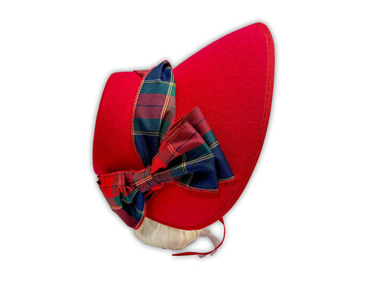 Austentation Regency Victorian Caroler Style Dark Red Felt Bonnet Tartan Plaid