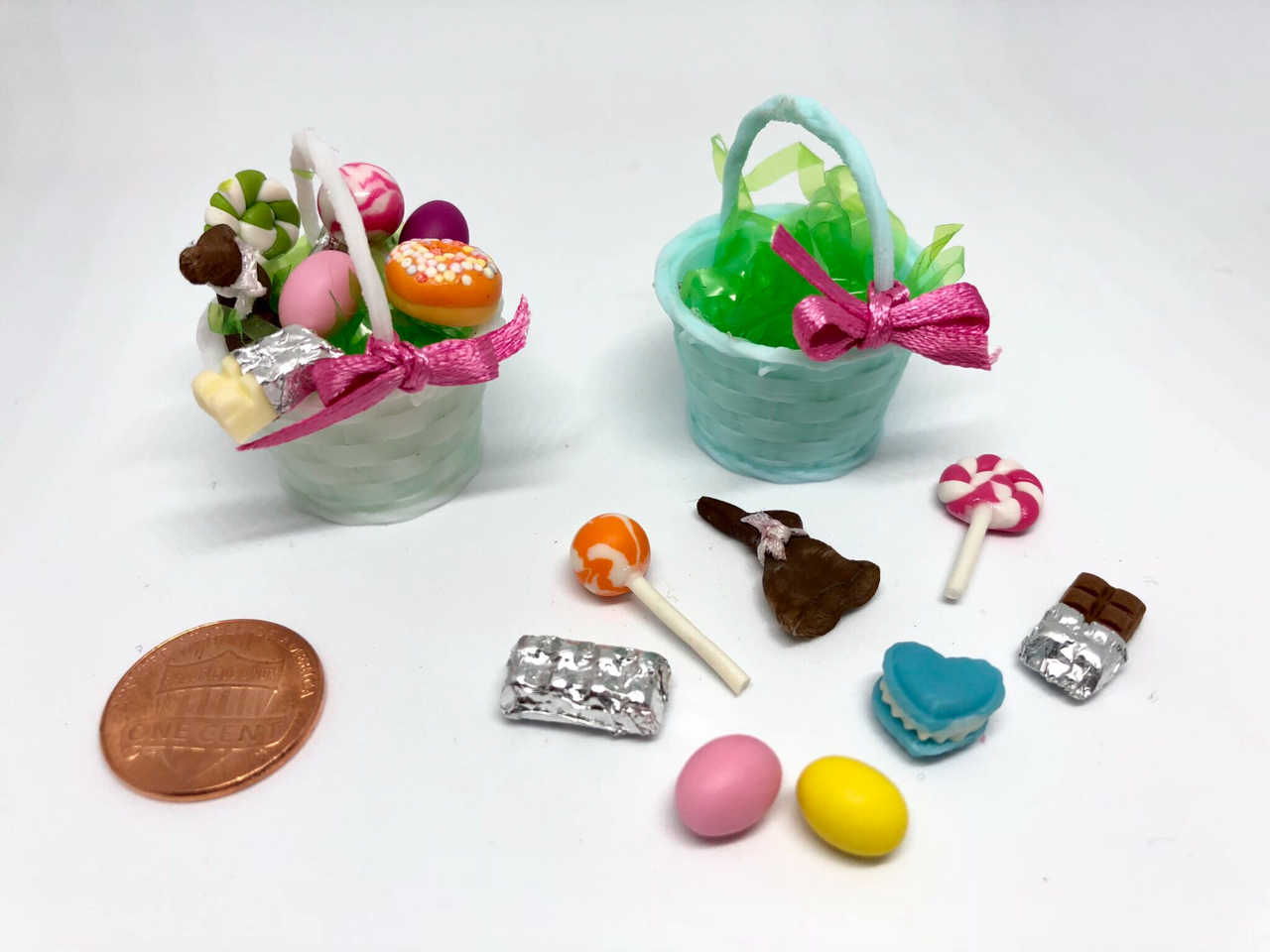 1/12 Scale Dollhouse Miniature Filled Easter Basket: Chocolate Bunny Eggs Candy
