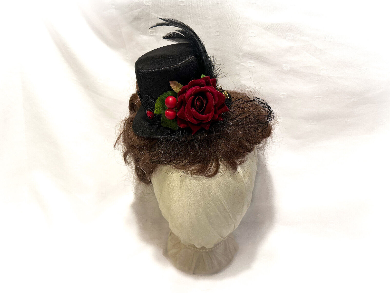 Austentation Victorian Steampunk Mini Top hat fascinator Black Satin Velvet Rose