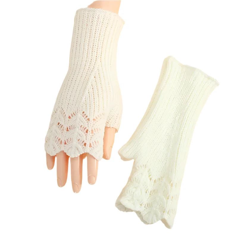 Lacy Winter Knitted Half Mitt Gloves