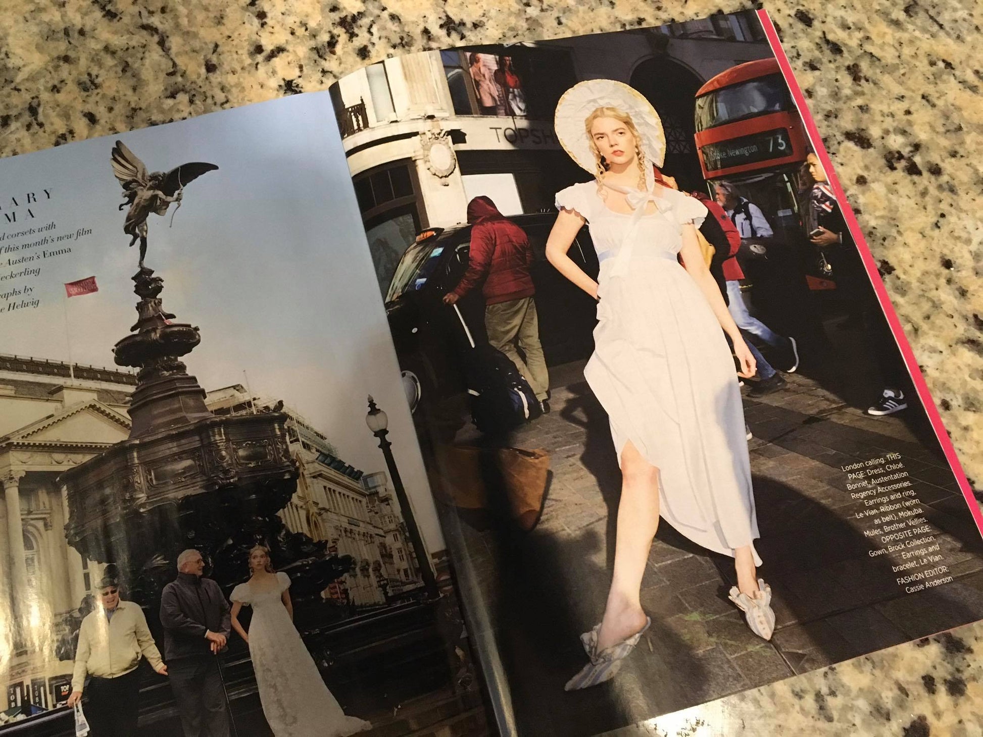 Anya Taylor-Joy wears the Elinor style bonnet trimmed with lace and ribbons for her February 2020 photo shoot with Harper's Bazaar.